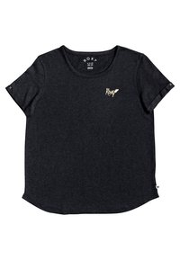 Sort t-shirt med korte ærmer lavet af blødt stof, med rund halsudskæring, et lille guldlogo på brystet og syede detaljer på ærmerne.