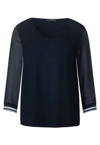 Navy blouse with a V-neck, 3/4 sheer sleeves, and striped accents on the cuffs, made from a lightweight material with a smooth texture.
