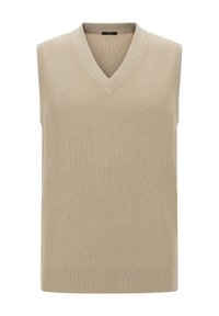 Gilet en tricot sans manches beige avec un décolleté en V, présentant une texture côtelée et un ourlet droit. Matière légère, idéale pour le superposition.
