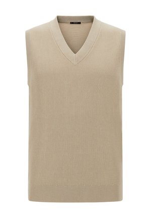 Gilet en tricot sans manches beige avec un décolleté en V, présentant une texture côtelée et un ourlet droit. Matière légère, idéale pour le superposition.