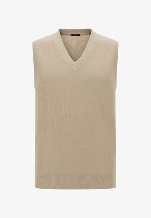 Vihreä ilman hihoja neuleliivi, jossa on V-pääntie, ja jossa on ohut ribbikuviointi ja suora helma. Kevyt materiaali, joka sopii kerroksittain käyttöön.