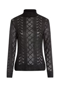 Schwarzer Rollkragenpullover mit einem strukturierten Strickdesign und geometrischen Mustern, langen Ärmeln und einem gerippten Saum.
