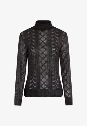 Black turtleneck sweater featuring a textured knit design with geometric patterns, long sleeves, and a ribbed hem.