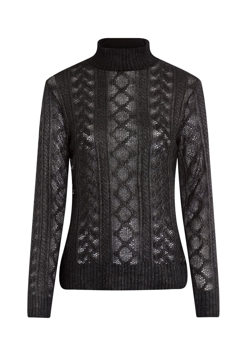 Schwarzer Rollkragenpullover mit einem strukturierten Strickdesign und geometrischen Mustern, langen Ärmeln und einem gerippten Saum.