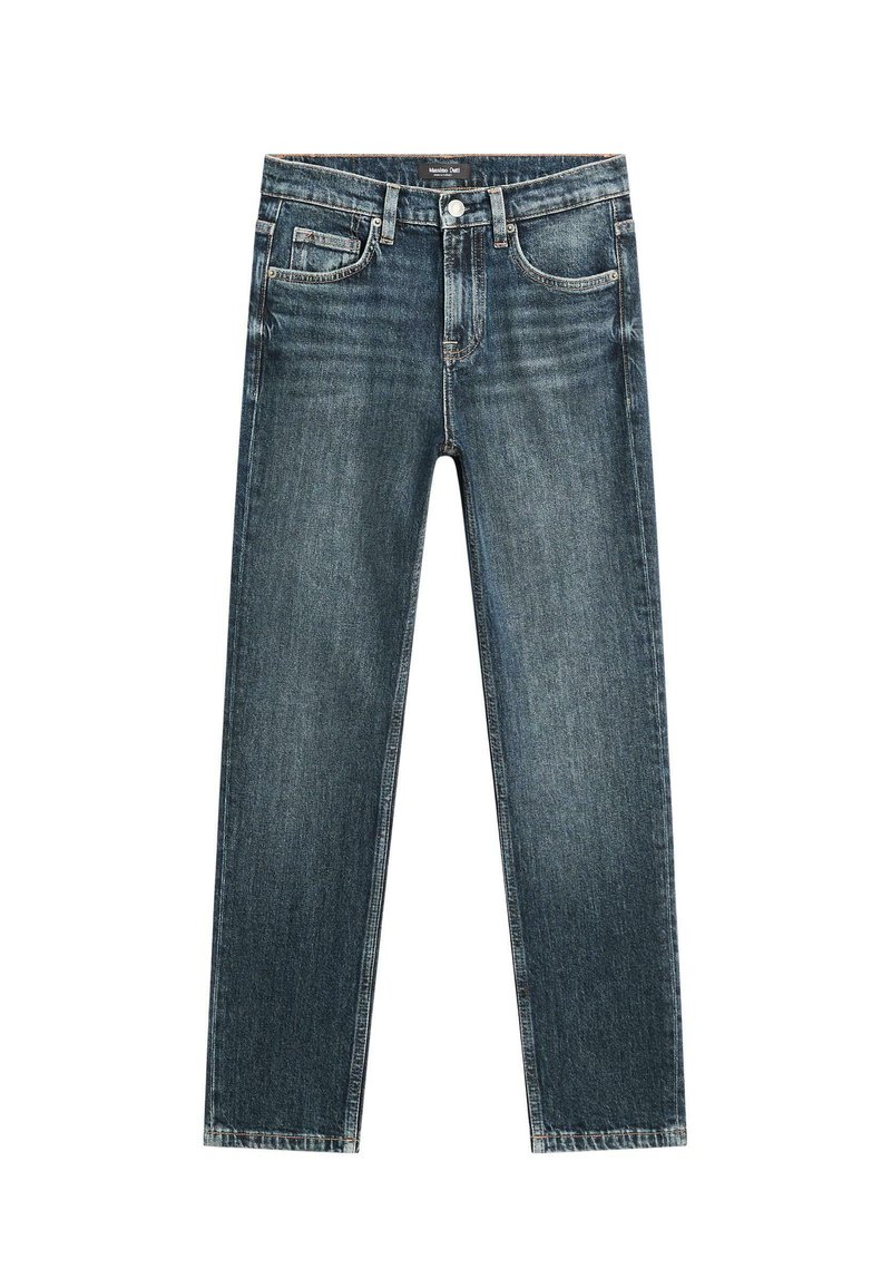 Denim jeans in a dark blue wash, featuring straight legs, five-pocket design, and metal button closure. Soft texture with slight fading.