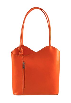 Orange leather handbag with double shoulder straps, front vertical zip pocket, and a curved top edge with a knot detail on one strap.