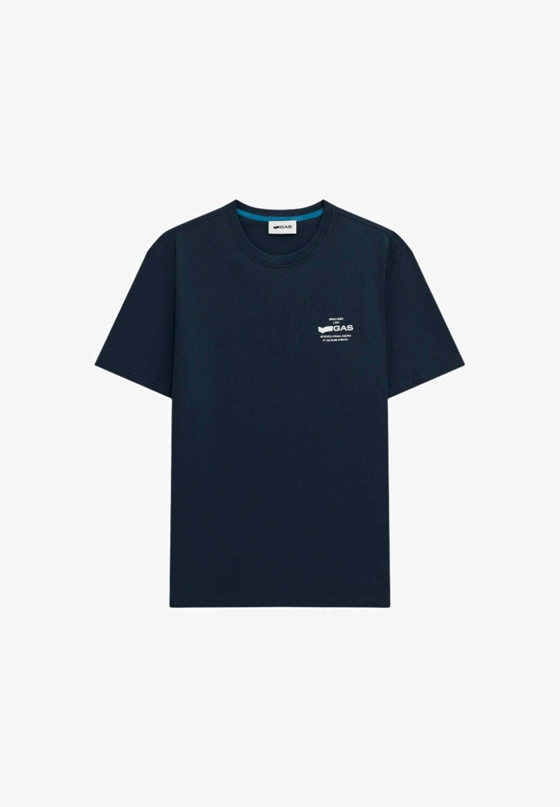 T-shirt in cotone blu navy con maniche corte, collo a giro e una piccola stampa bianca del logo sul lato sinistro del petto. Texture liscia.