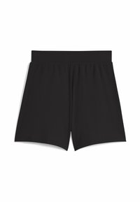 Pantaloni corti neri a costine con elastico in vita, caratterizzati da una vestibilità ampia e un taglio dritto. Tessuto liscio, senza motivi o dettagli visibili.