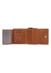 Brown leather wallet open flat showing multiple card slots, a transparent ID window, a zippered coin pocket, and RFID protection label.