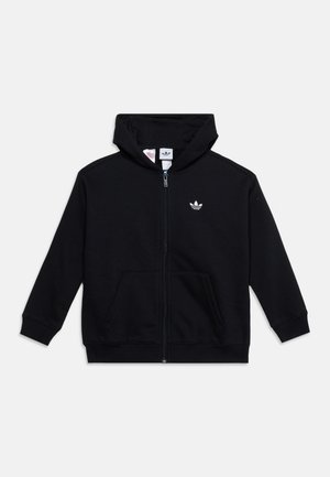 Sweat à capuche noir zippé avec poches avant, manches longues, capuche et petit logo Adidas blanc sur la poitrine gauche.