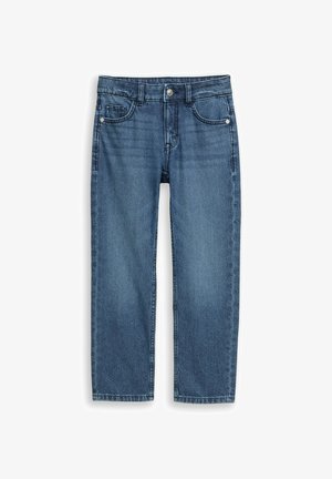 Kék egyenes szárú farmernadrág elülső és hátsó zsebekkel, övbújtatókkal és gombos derékzárral.