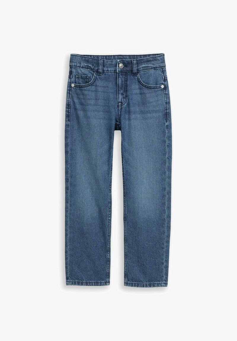 Modré džínsy s rovnými nohavicami, prednými a zadnými vreckami, slučkami na opasok a zapínaním na gombík v páse.