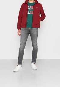 Rote Jacke mit hohem Kragen, grünes T-Shirt mit weißem und rotem Schriftzug, graue Slim-Fit-Jeans und weiße Sneaker. Einfaches und modernes Design.