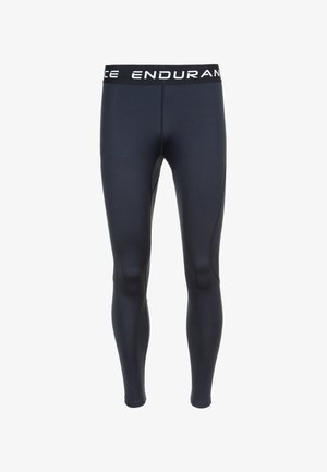 Zwarte sporttight gemaakt van rekbaar materiaal met een gladde afwerking en een witte merkband in de taille. Strakke pasvorm met platte naden.