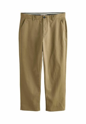 Kaki chinos no kokvilnas auduma, ar divām sānu kabatām, pogu aizdari, taisnām kājām un gludu tekstūru.