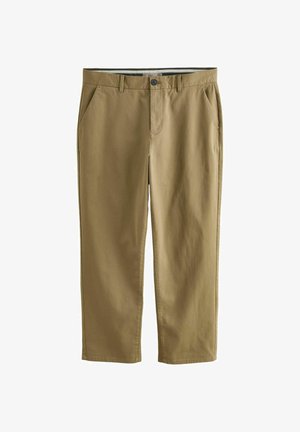 Khaki chinos made of cotton blend, featuring two side pockets, a button closure, straight legs, and a smooth texture.
