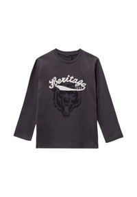 T-shirt a maniche lunghe in cotone grigio con una grande grafica di un orso nero e il testo bianco "Heritage IKKS". Texture liscia e vestibilità classica.