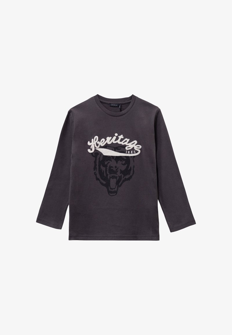 Long-sleeve gray cotton t-shirt featuring a large black bear graphic and white "Heritage IKKS" text. Smooth texture and classic fit.
