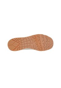 Rubber shoe sole with a textured surface; brown color with geometric tread patterns for traction. Flat shape designed for comfort.