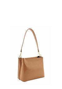 Light brown leather shoulder bag with gold metal clasps and a single wide strap, displayed against a white background.