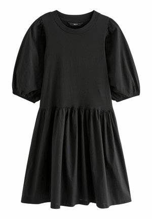 Robe en coton noir avec un col rond, des manches bouffantes et une jupe évasée à partir de la taille. Texture lisse, design décontracté.