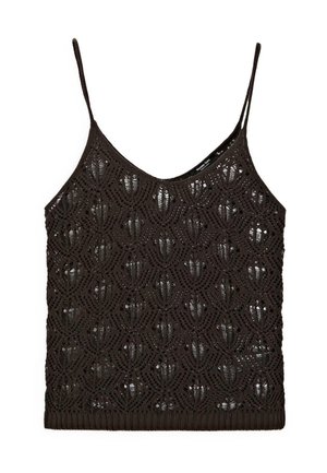 Sort hækle-strik tank top med tynde spaghetti stropper og et bølget, åbent mønster over det hele.