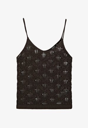 Zwart gehaakt gebreid tanktopje met dunne spaghettibandjes en een gegolfd, opengewerkt patroon over het hele oppervlak.
