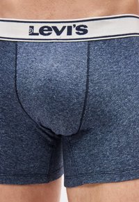 Κοντινό πλάνο ενός ατόμου που φορά μπλε εσώρουχα boxer της Levi's με λευκή μέση και μαύρες λεπτομέρειες ραφής.