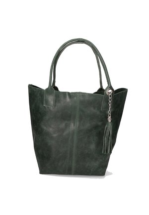 Borsa tote in pelle verde con due manici, una texture liscia e un dettaglio a frange laterale. Il design è strutturato con una forma affusolata.