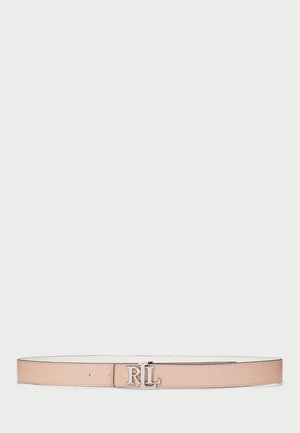 Blassrosa Leder-gürtel mit glatter Textur, ausgestattet mit einer silberfarbenen RL-Logo-Schnalle und einem klaren, minimalistischen Design.