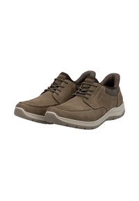 Brown suede lace-up shoes with a padded collar, textured tongue, and rubber sole featuring a tread pattern for grip.