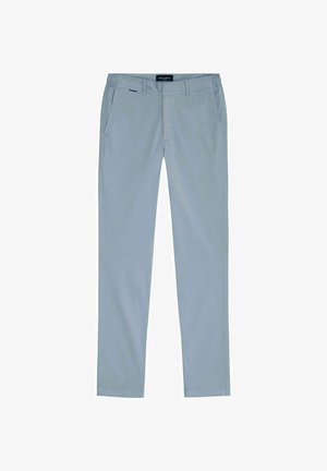 Chinos bleu clair en coton avec une coupe slim, dotés de poches latérales et d'une fermeture à bouton. Texture lisse et design minimal.