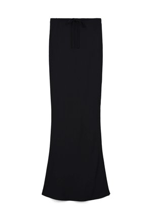 Gonna maxi nera realizzata in tessuto morbido, con un elastico in vita regolabile, una forma aderente e un design lungo fino al pavimento con un orlo leggermente svasato.