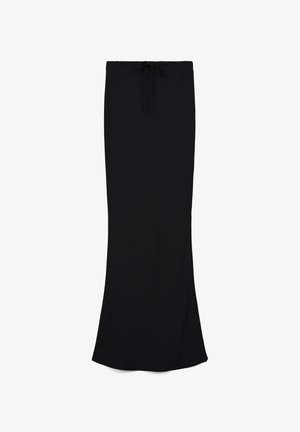 Gonna maxi nera realizzata in tessuto morbido, con un elastico in vita regolabile, una forma aderente e un design lungo fino al pavimento con un orlo leggermente svasato.