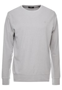 Hellgraues Sweatshirt mit langen Ärmeln aus weichem Stoff, einem Rundhalsausschnitt, dezenten Nahtdetails und einem kleinen Logo auf der Brust.