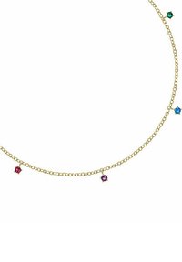 Collana in oro con cinque piccole pietre preziose multicolori (rosse, viola, verdi, blu) distribuite uniformemente lungo il design.