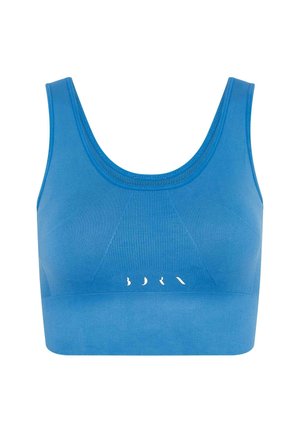Blå sømløs sports-BH med rund hals, ribbet tekstur og en liten logo detalj i hvitt midt under bysten.
