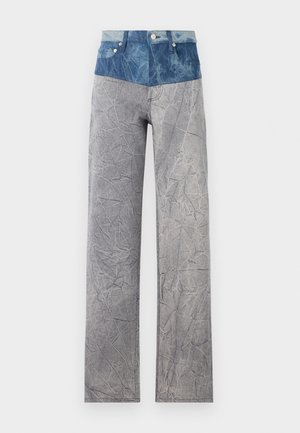 Denim pants with a high, light blue waistband transitioning to a crinkled grey body. Features standard pockets and button closures.