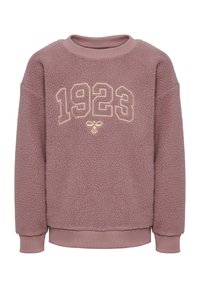 Lyserød fleece sweatshirt med rund halsudskæring, lange ærmer og et trykt "1923" grafisk design i guld på fronten. Blød tekstur.