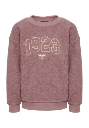 Roze fleece sweater met een ronde halslijn, lange mouwen en een gouden opdruk van "1923" aan de voorkant. Zachte textuur.
