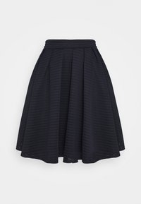 Marinfärgad plisserad kjol i strukturerad tyg med horisontella ribbor, bred midjeband och en utsvängd silhuett, som erbjuder en lätt design.