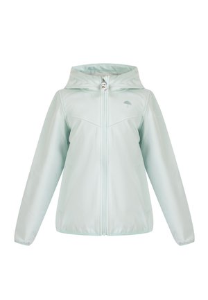 Hellblaue Kapuzenjacke mit Frontreißverschluss, langen Ärmeln und kleinem Regenschirm-Logo auf der linken Brust.