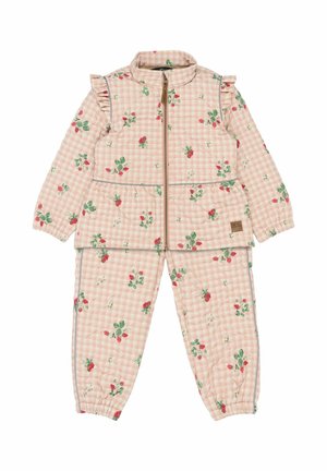 Lyserødt ternet quiltet jakke- og buksesæt med blomsterprint, detaljer med flæser ved skuldrene og lynlåslukning. Har elastiske manchetter og taljebånd.