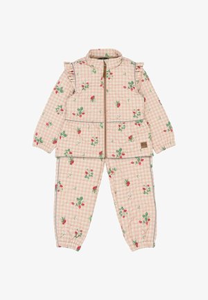 Ensemble veste matelassée et pantalon à carreaux roses avec motif floral, détail volanté aux épaules et fermeture éclair. Comprend des poignets et une taille élastiqués.