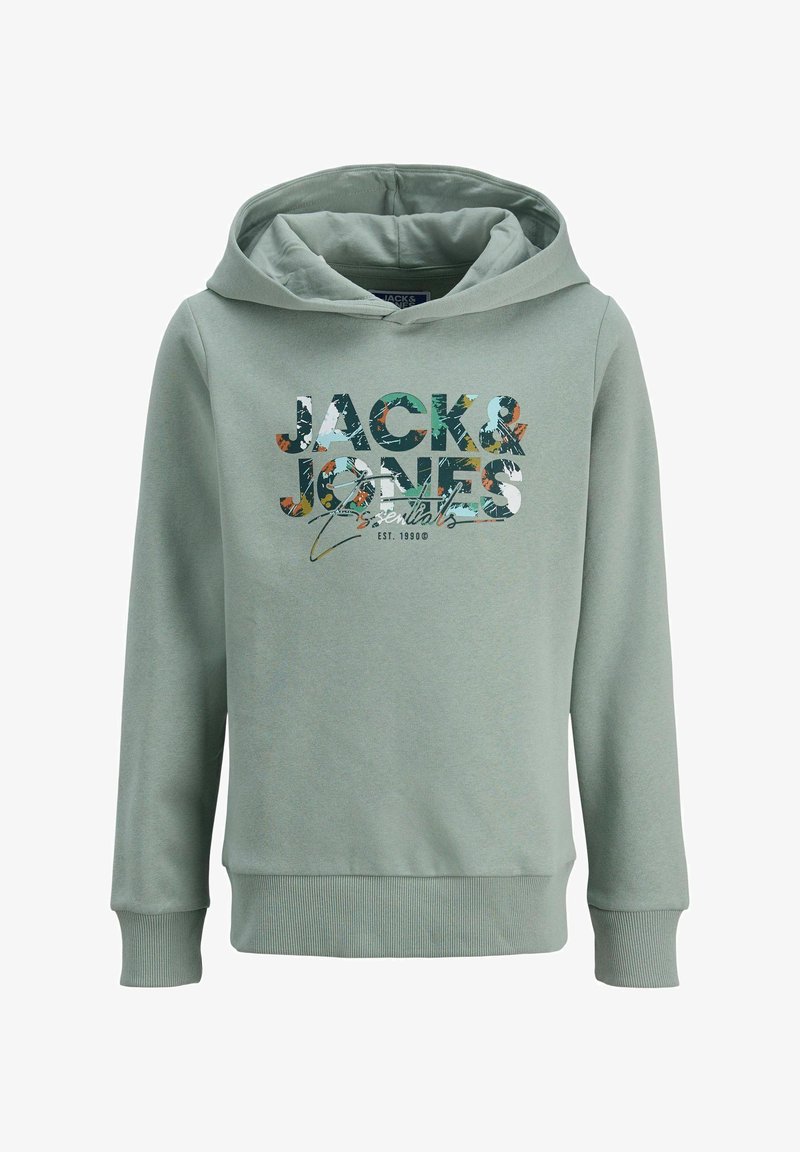 Svijetlozeleni dukserica s kenguruh džepom, rebrastim manžetama i rubom. Ispred se nalazi logo s uzorkom "JACK & JONES Essentials".