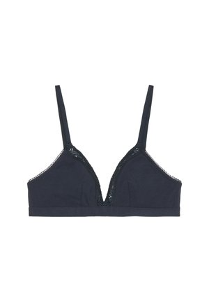Zwarte katoenen bralette met kantafwerking langs de V-hals. Zachte stoffen, met dunne verstelbare bandjes en een naadloos ontwerp.