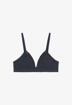 Bralette noir en coton avec des bordures en dentelle au niveau du décolleté en V. Tissu doux, avec des bretelles fines et réglables et un design sans coutures.