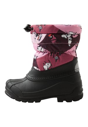 Wasserdichte Stiefel mit einem unteren Abschnitt aus schwarzem Gummi und einem gepolsterten Oberteil aus pink gemustertem Stoff, das oben mit einem Kordelzug geschlossen wird.