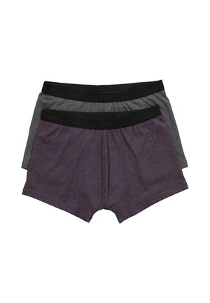Dos pares de bóxers para hombre en gris y púrpura oscuro con cinturas negras que muestran la marca JP1880.