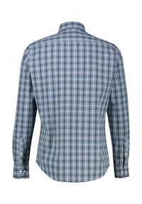 Koszula w kratę z długim rękawem, prezentująca wzór w kolorach niebieskim, czerwonym i białym, z kołnierzykiem zapinanym na guziki oraz zaokrąglonym dołem. Wykonana z bawełny o gładkiej teksturze.